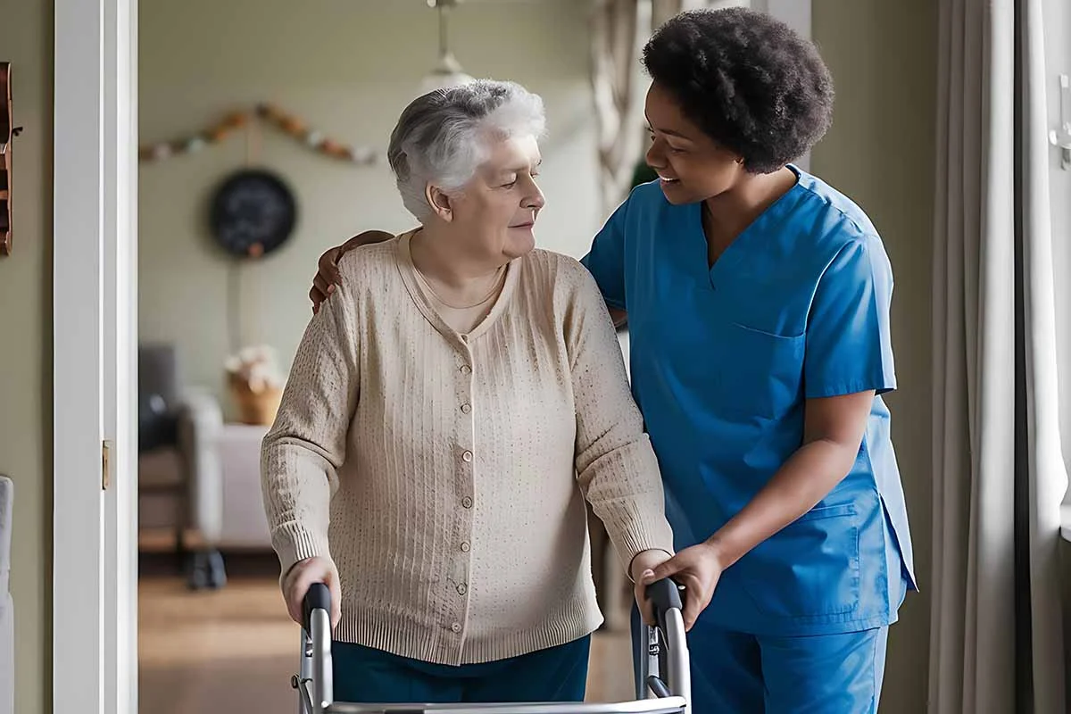 Compassionate caregiver assisting an elderly woman with mobility support at home