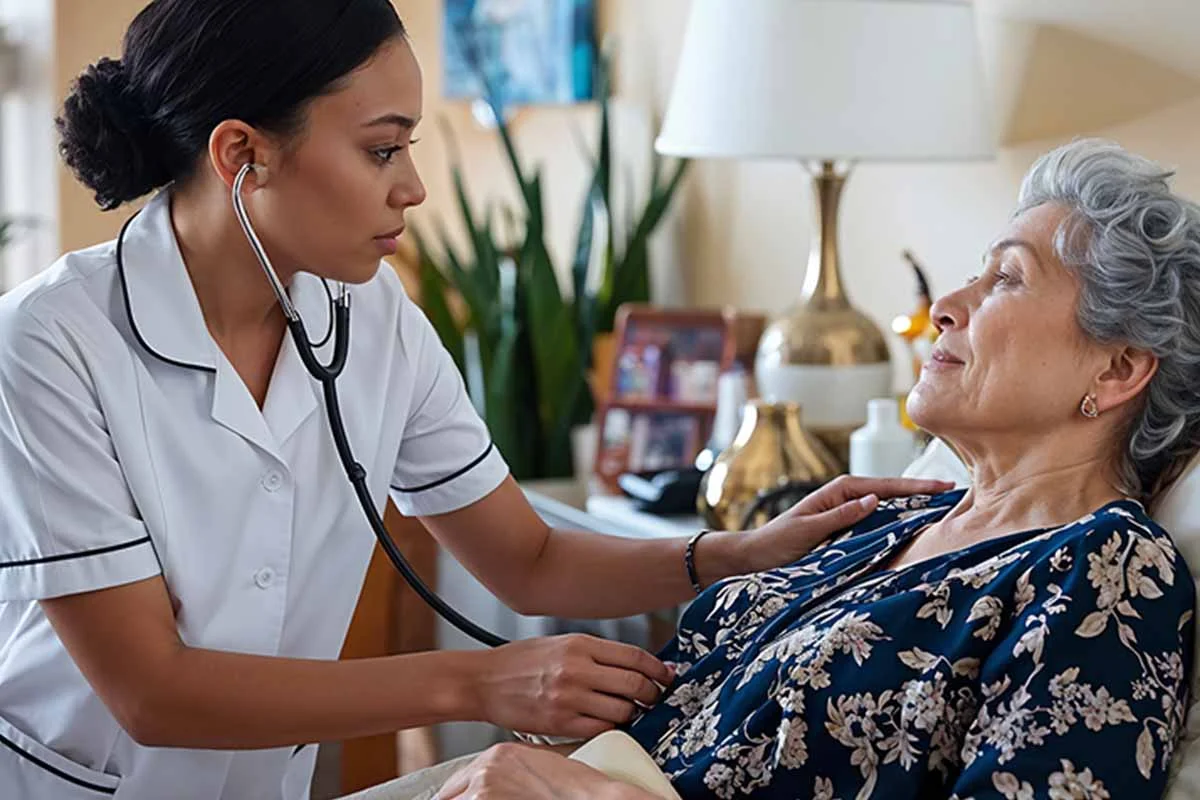 Professional nurse providing in home health assessment for elderly patient
