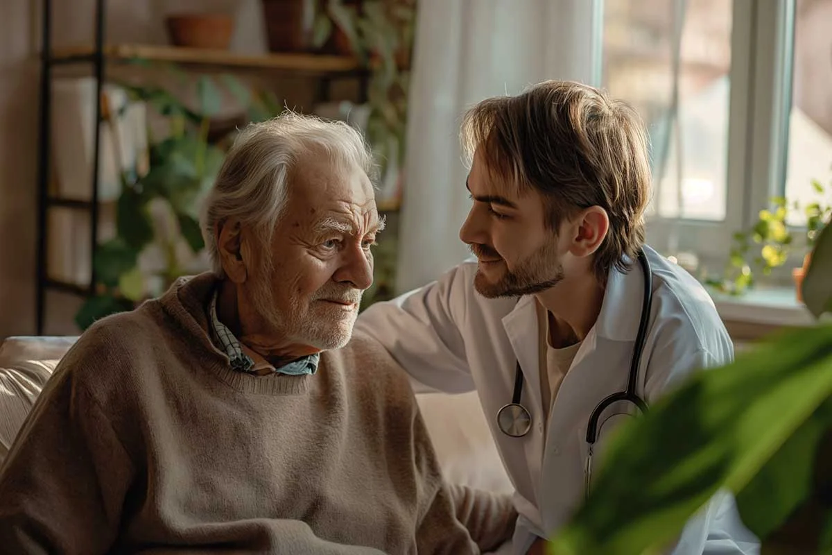 Senior client receiving compassionate healthcare guidance from a caregiver