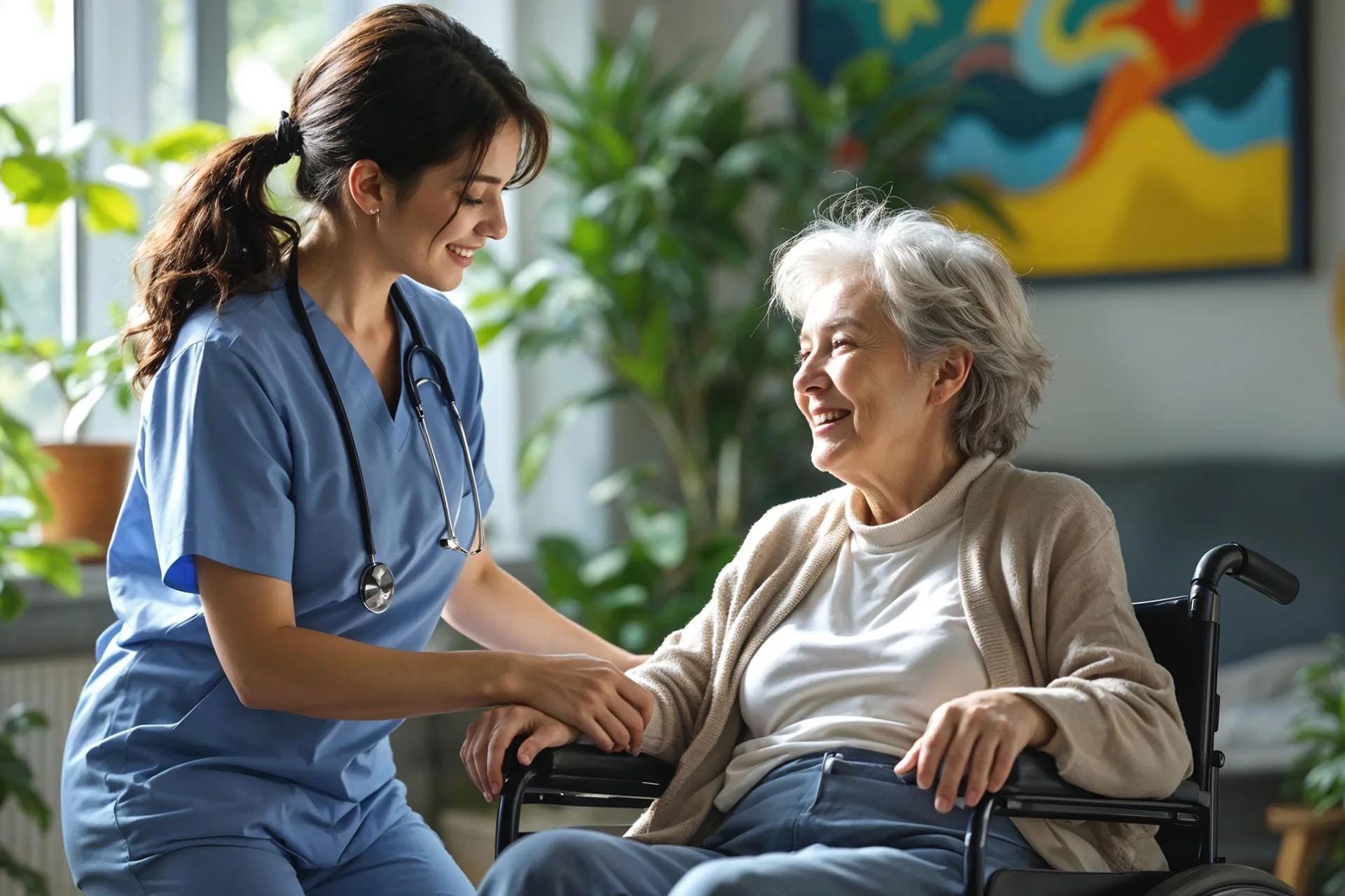 Happy senior client receiving compassionate in home care from professional caregiver
