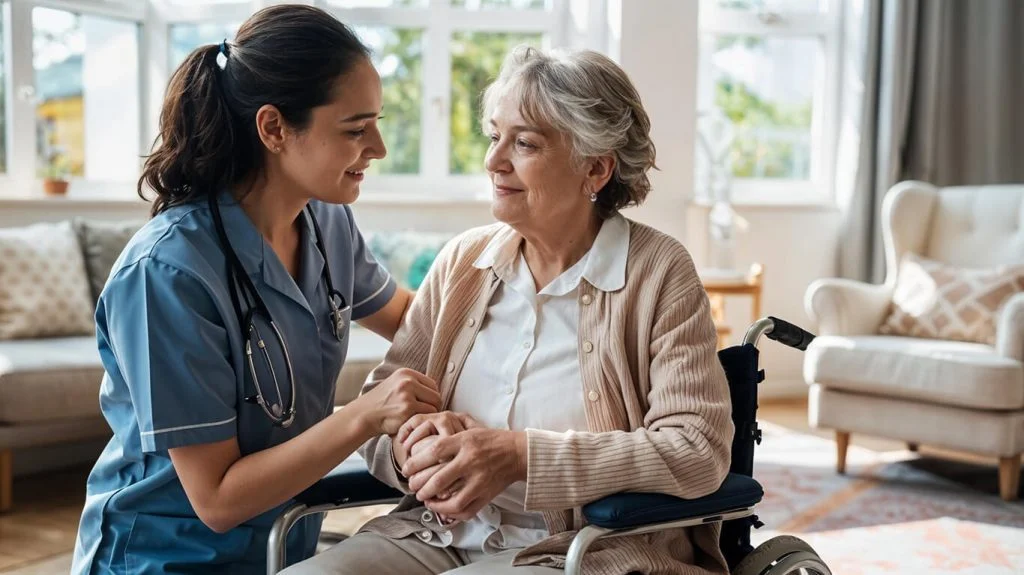 Trusted in home caregiver assisting senior client with compassionate adult care